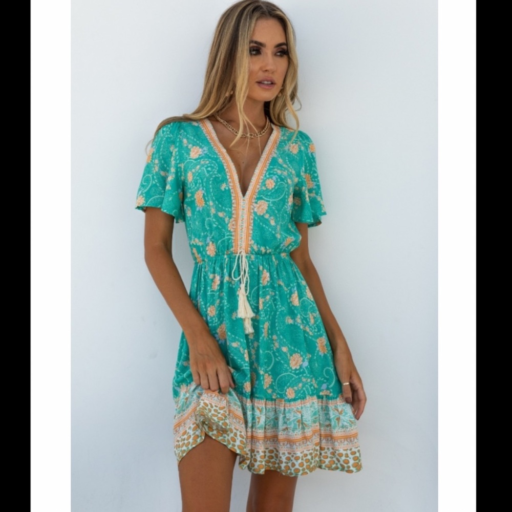Petal and Pup Morning Mist Teal Aqua paisley floral Dress NWT